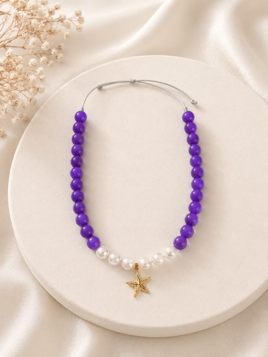 Juego De Collar Y Pulsera Bolas Chicle Morado Con Blanco — Dije Estrella